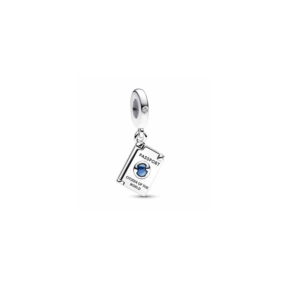 Passport sterling silver dangle with clear cubic zirconia and shaded blue enamel 792680C01 (High Resolution)