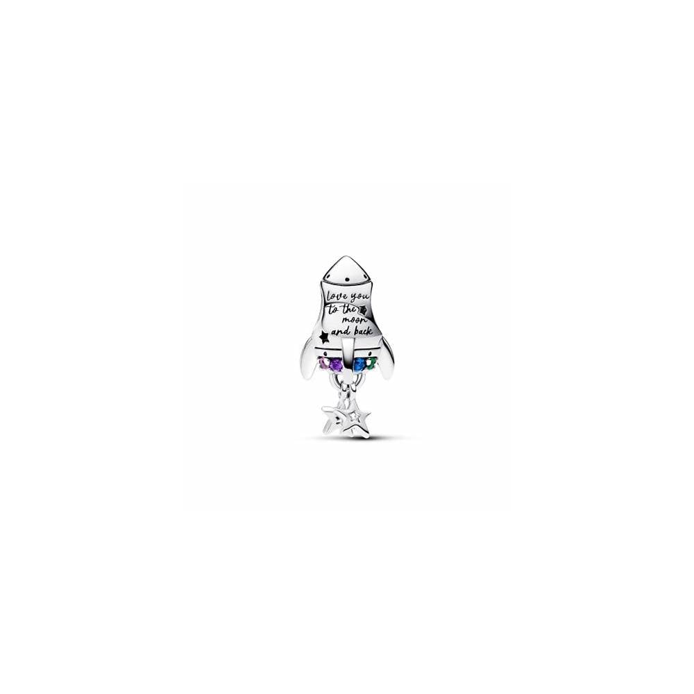 Space rocket sterling silver charm with phlox pink, royal purple, stellar blue and royal green crystal and clear cubic zirconia 792831C01 (High Resolution)