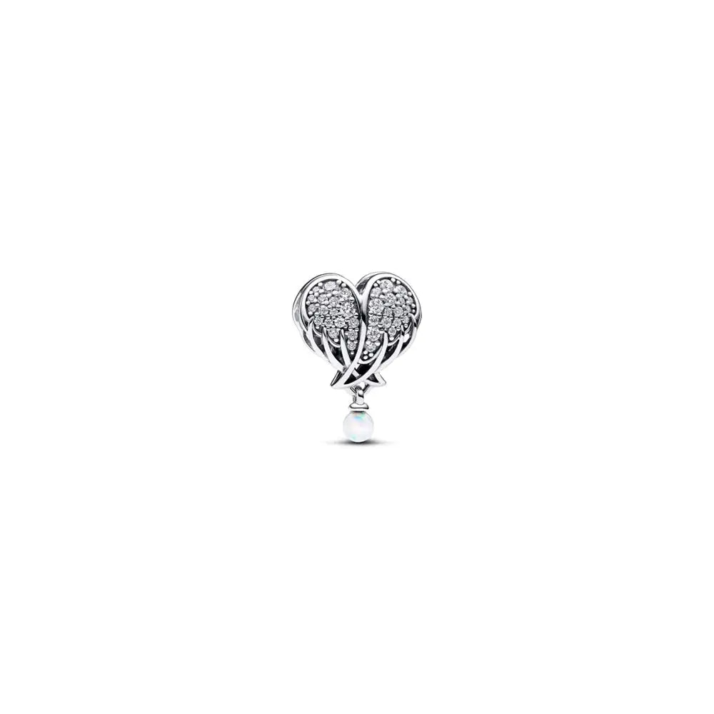 Angel wing heart sterling silver charm with clear cubic zirconia and white lab-created opal 792980C01 (High Resolution)