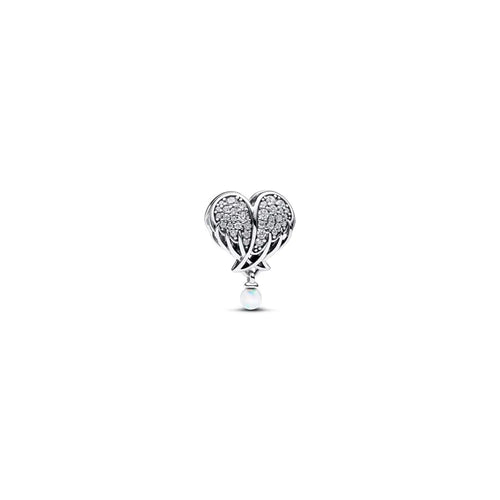 Angel wing heart sterling silver charm with clear cubic zirconia and white lab-created opal 792980C01 (High Resolution)