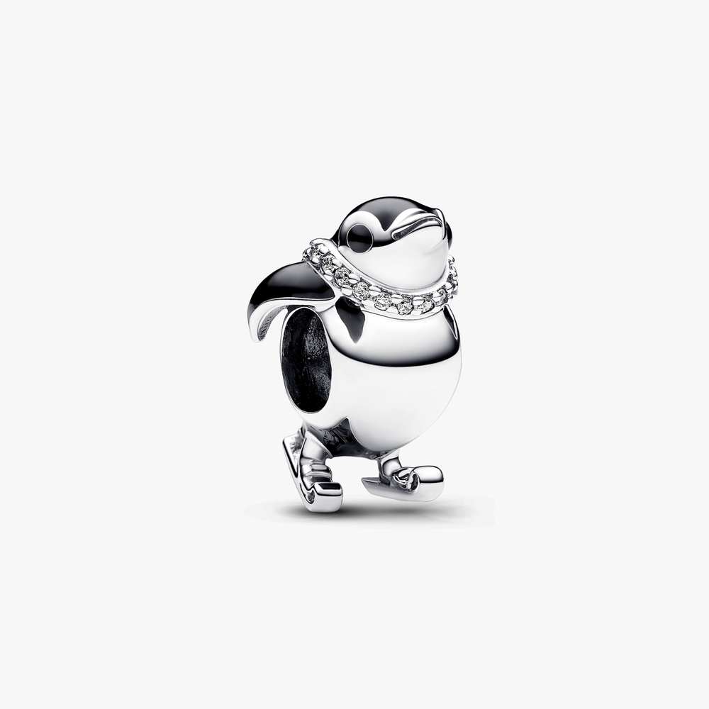 Skiing penguin sterling silver charm with clear cubic zirconia and black enamel 792988C01 (High Resolution)