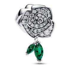 Rose sterling silver charm with clear cubic zirconia and royal green crystal 793201C01