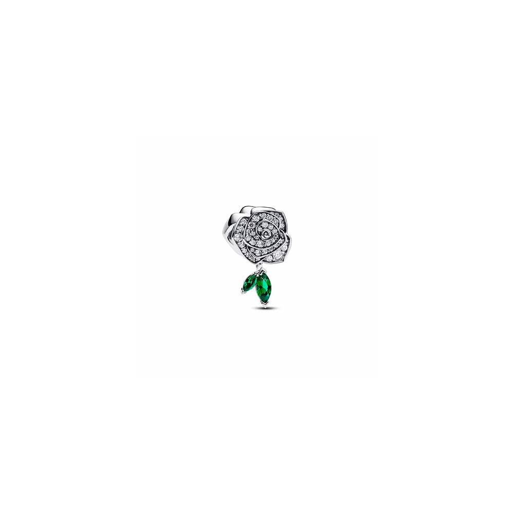 Rose sterling silver charm with clear cubic zirconia and royal green crystal 793201C01 (High Resolution)