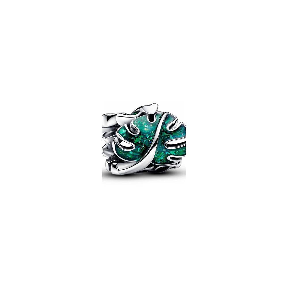Monstera leaves sterling silver charm with holographic glittery green enamel 793332C01 (High Resolution)