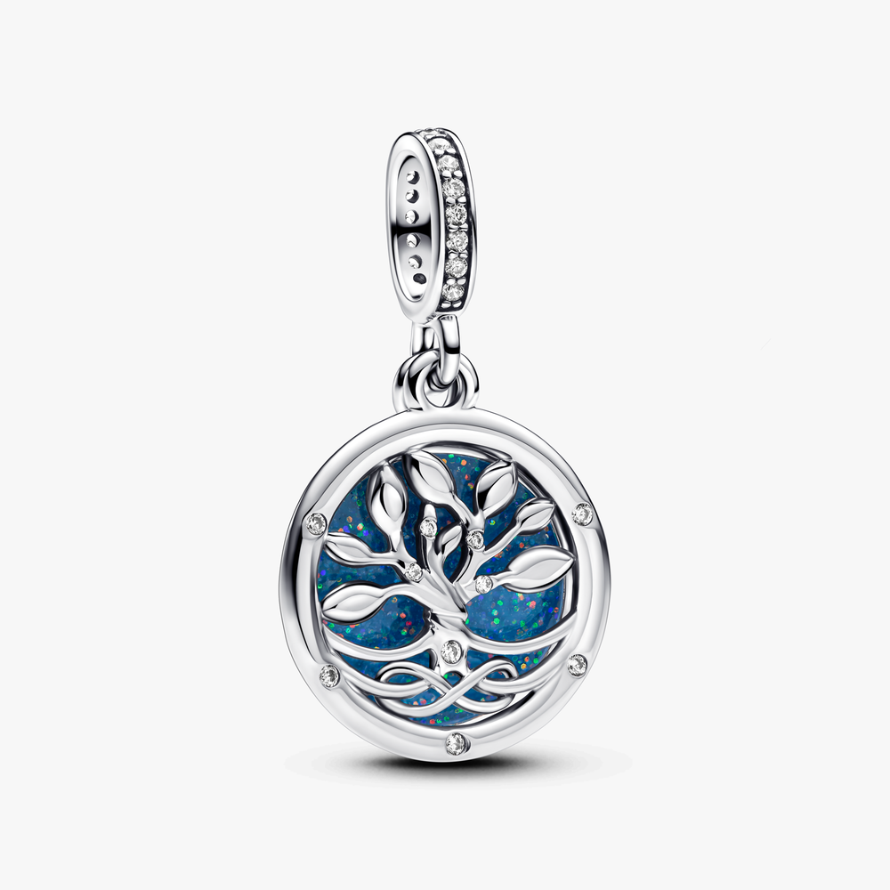 Infinity tree sterling silver double dangle with clear cubic zirconia and glittery glow in the dark blue enamel 793599C01 (High Resolution)