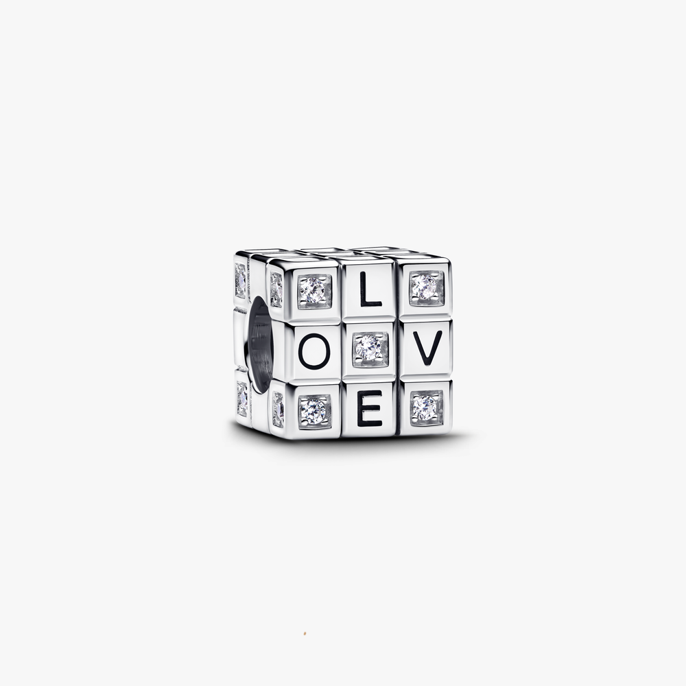 Toy cube sterling silver charm with clear cubic zirconia and red enamel 793672C01 (High Resolution)