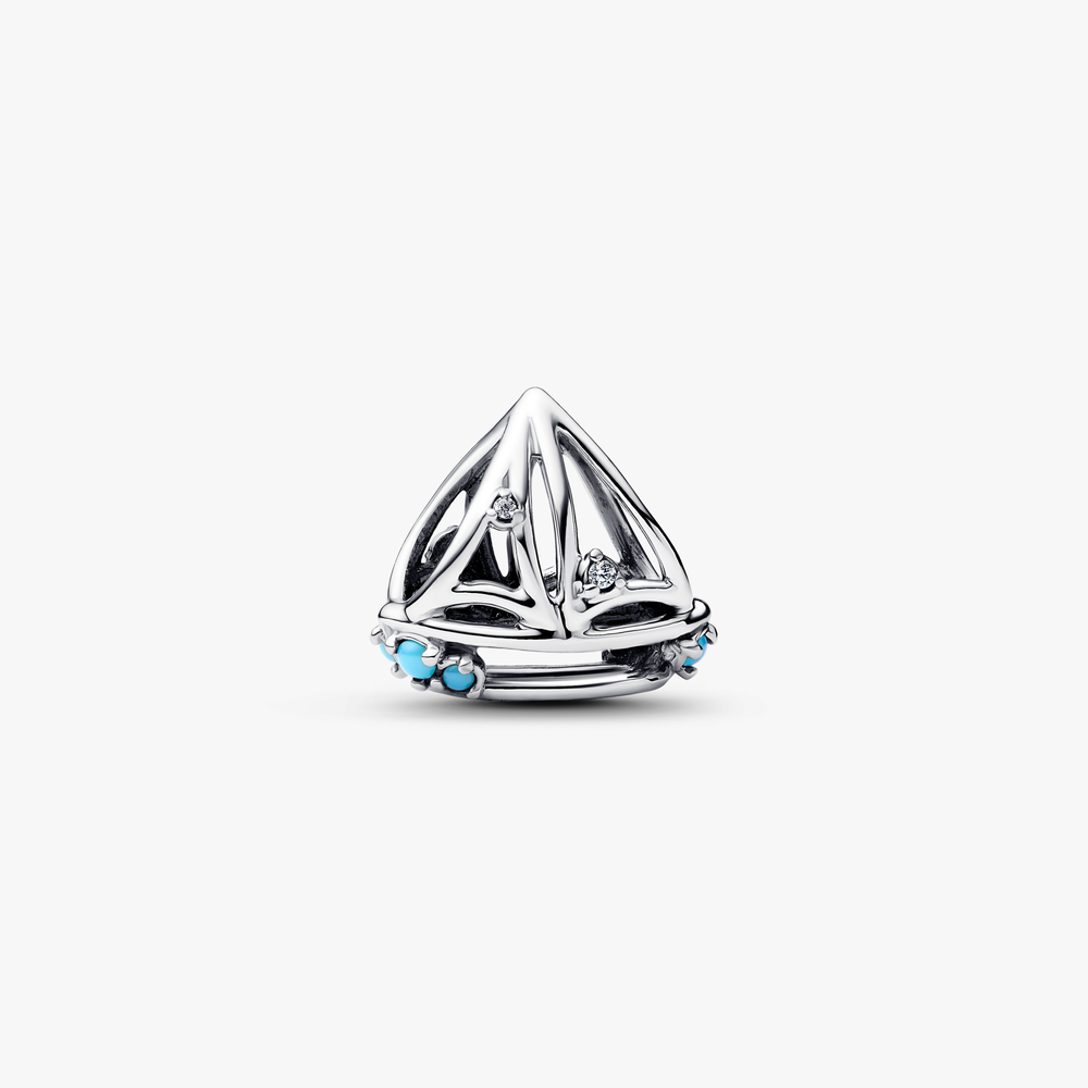 Sailboat sterling silver charm with clear cubic zirconia and capri blue crystal 793905C01 (High Resolution)