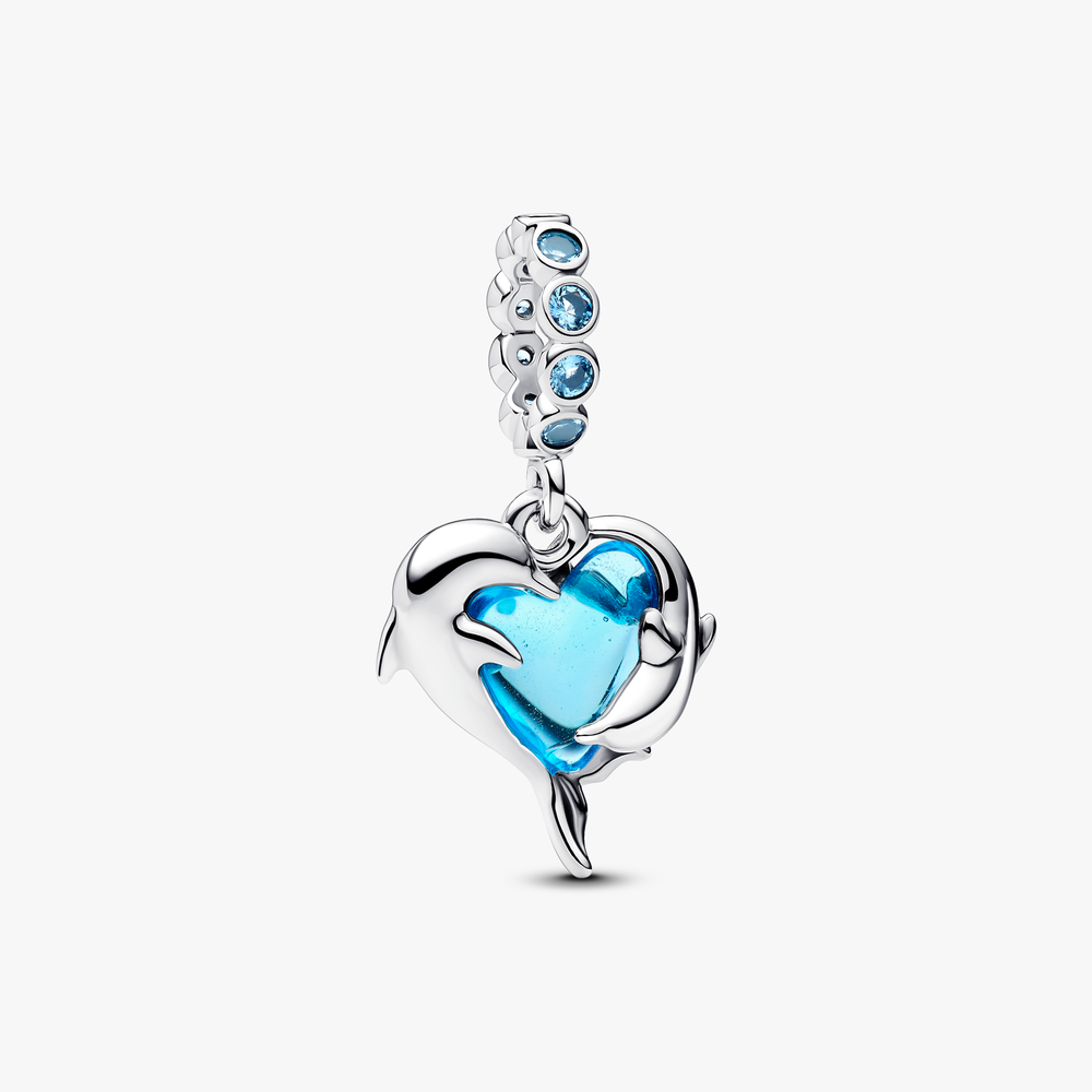 Dolphins sterling silver dangle with aqua blue Murano glass and icy blue crystal 793924C01 (High Resolution)