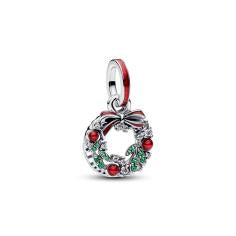Holiday wreath sterling silver double dangle with clear cubic zirconia, royal green crystal and red glitter enamel 794238C01