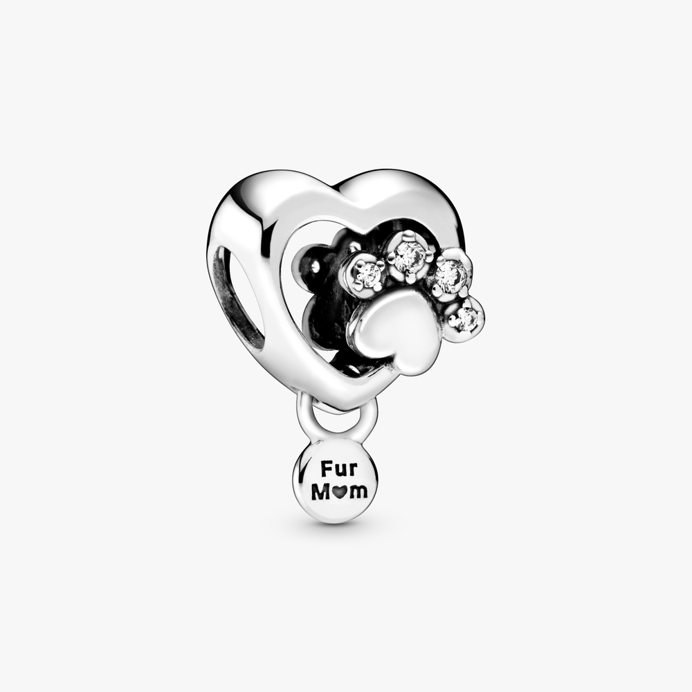 Sparkling Paw Print & Heart Silver Charm w CZ 798873C01 (High Resolution)