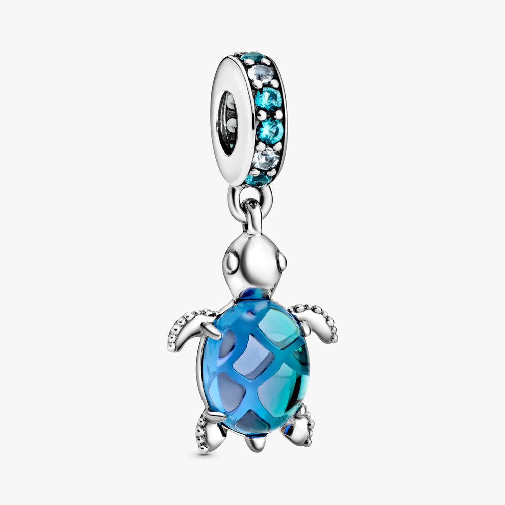 Murano Glass Sea Turtle Silver Hanging Charm w Blue   Green Crystal   Peacock Murano 798939C01 (High Resolution)
