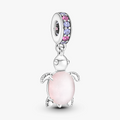 Sea turtle sterling silver dangle with frosted dichroic pink Murano glass, regal purple and phlox pink crystal 798939C02 (High Resolution)