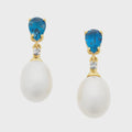 9ct Gold Freshwater Pearl, London Blue Topaz & Diamond Earrings M3330