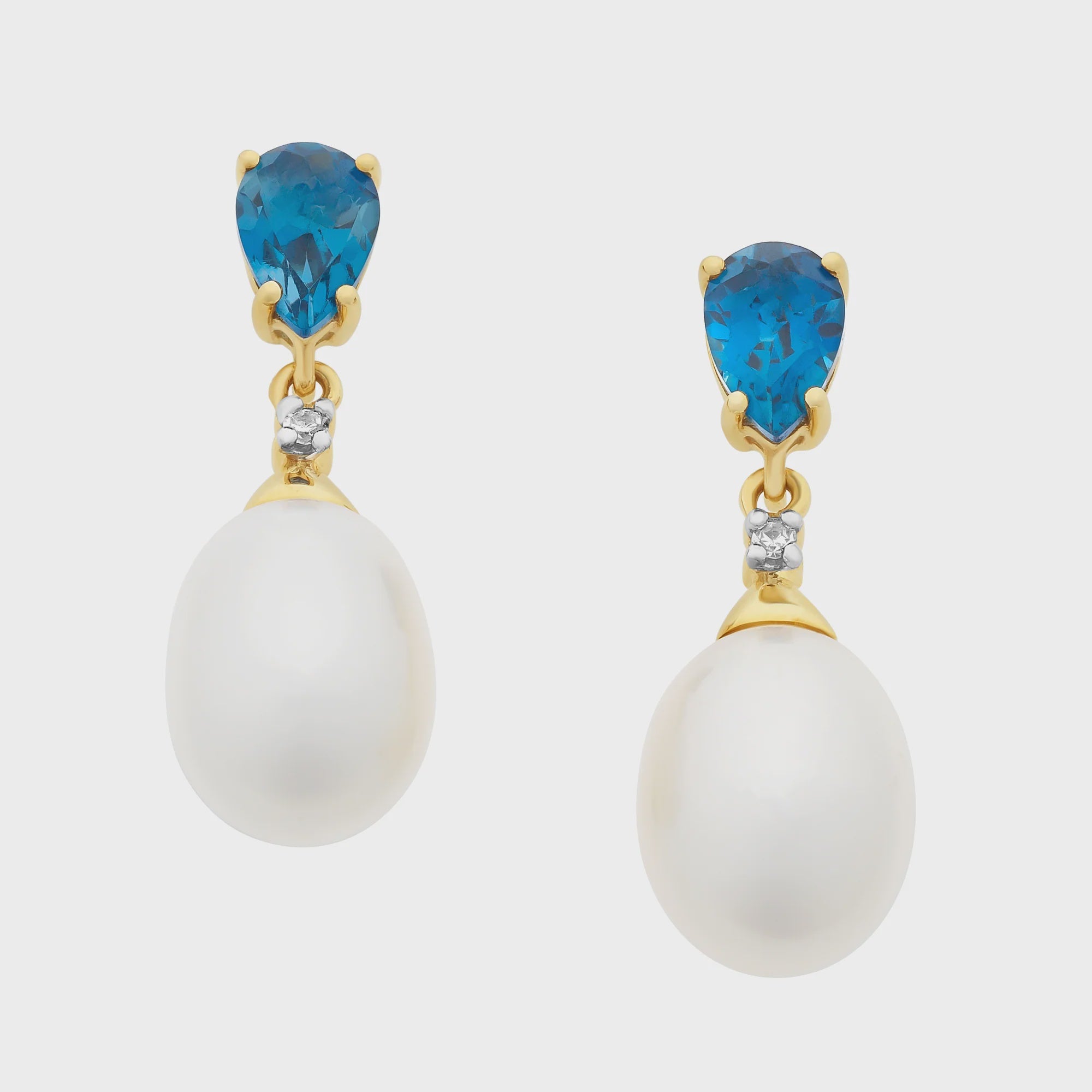 9ct Gold Freshwater Pearl, London Blue Topaz & Diamond Earrings M3330