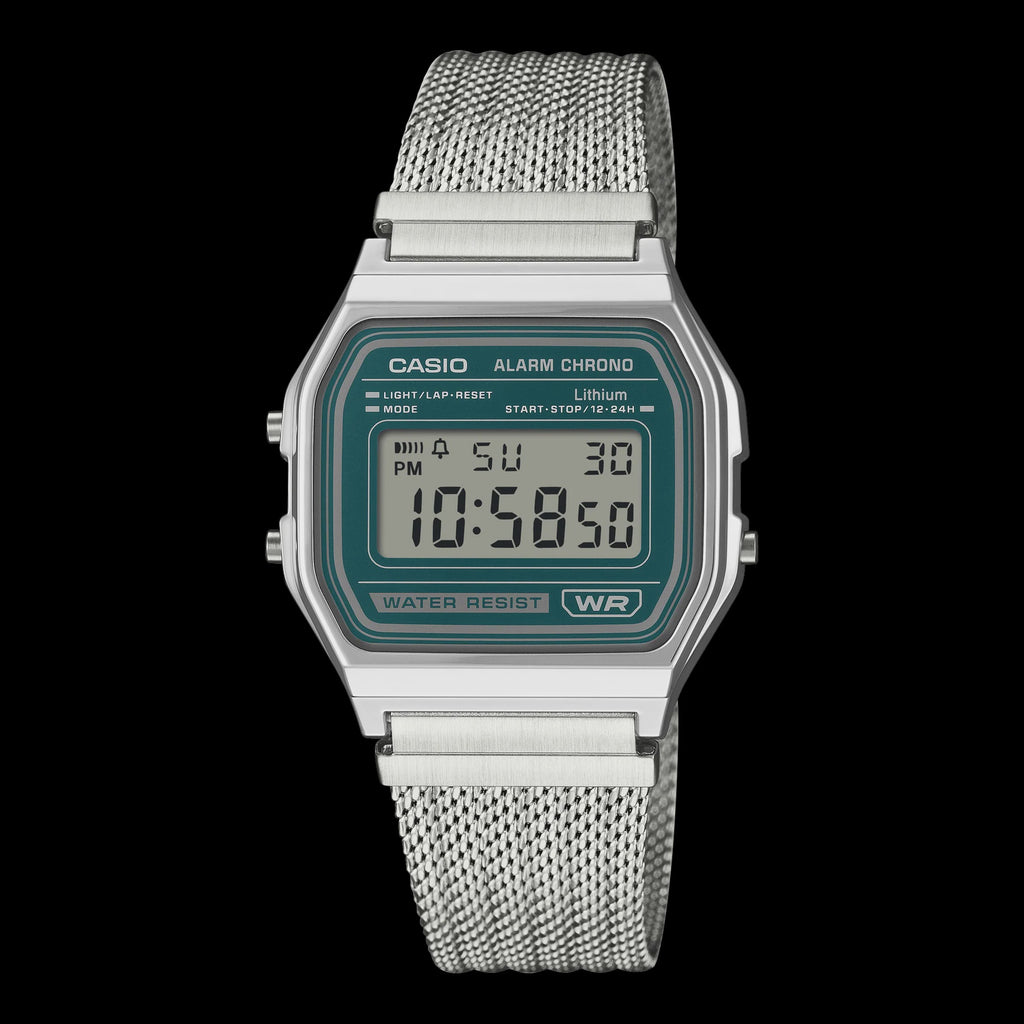 Casio Digital Mesh Band, Green Face, Stainless Steel A158WEM-3D