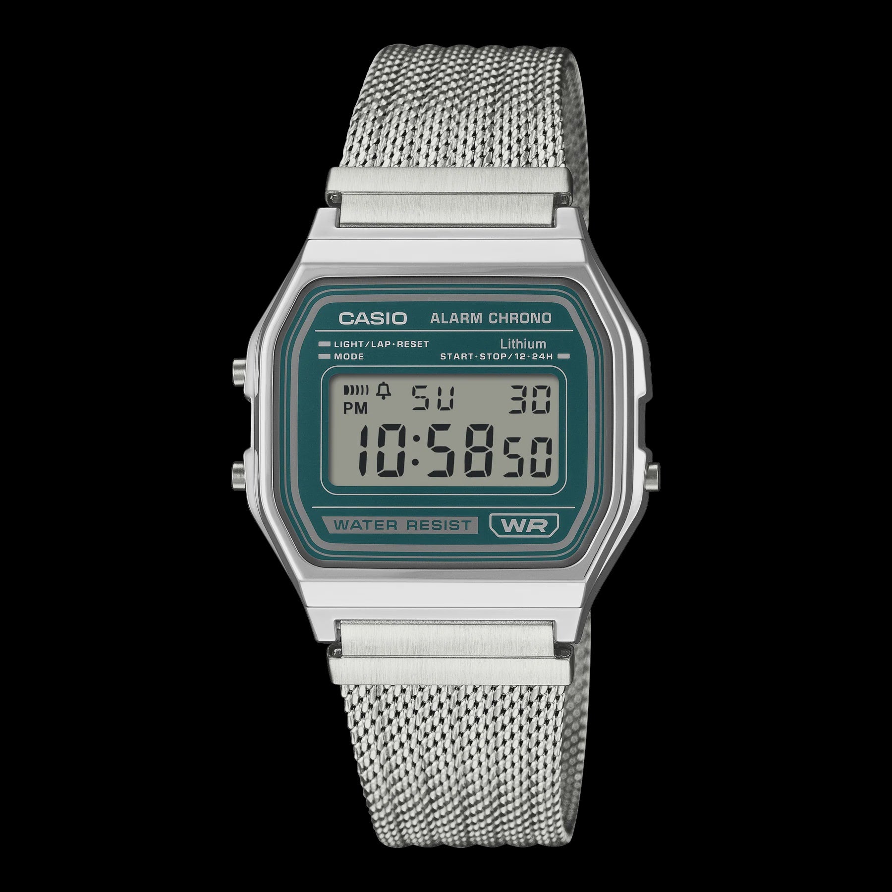 Casio Digital Mesh Band, Green Face, Stainless Steel A158WEM-3D