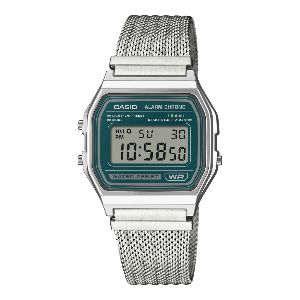 Casio Digital Mesh Band, Green Face, Stainless Steel A158WEM-3D