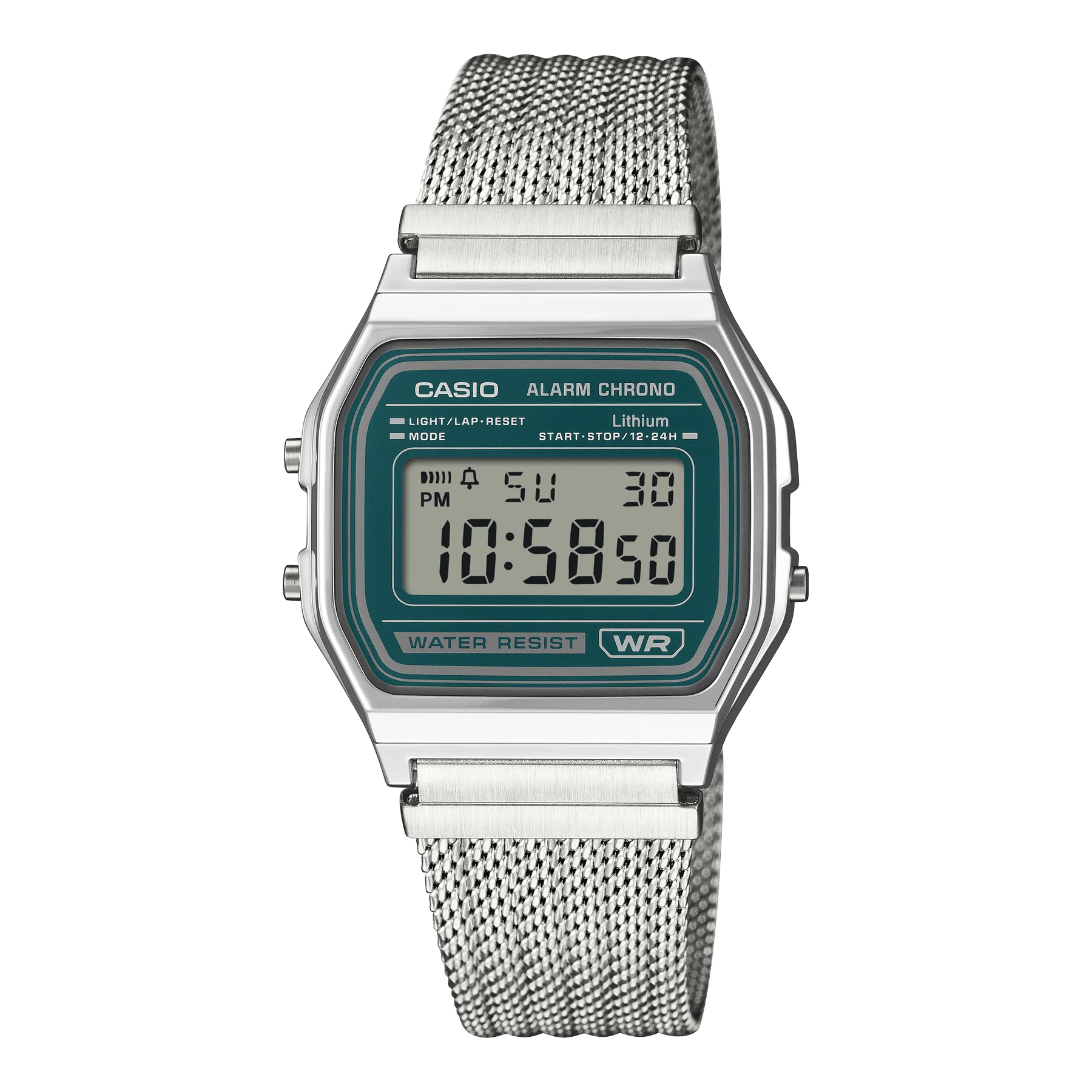 Casio Digital Mesh Band, Green Face, Stainless Steel A158WEM-3D