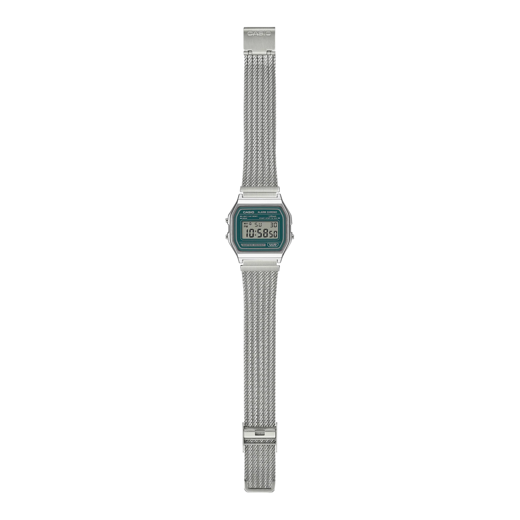 Casio Digital Mesh Band, Green Face, Stainless Steel A158WEM-3D