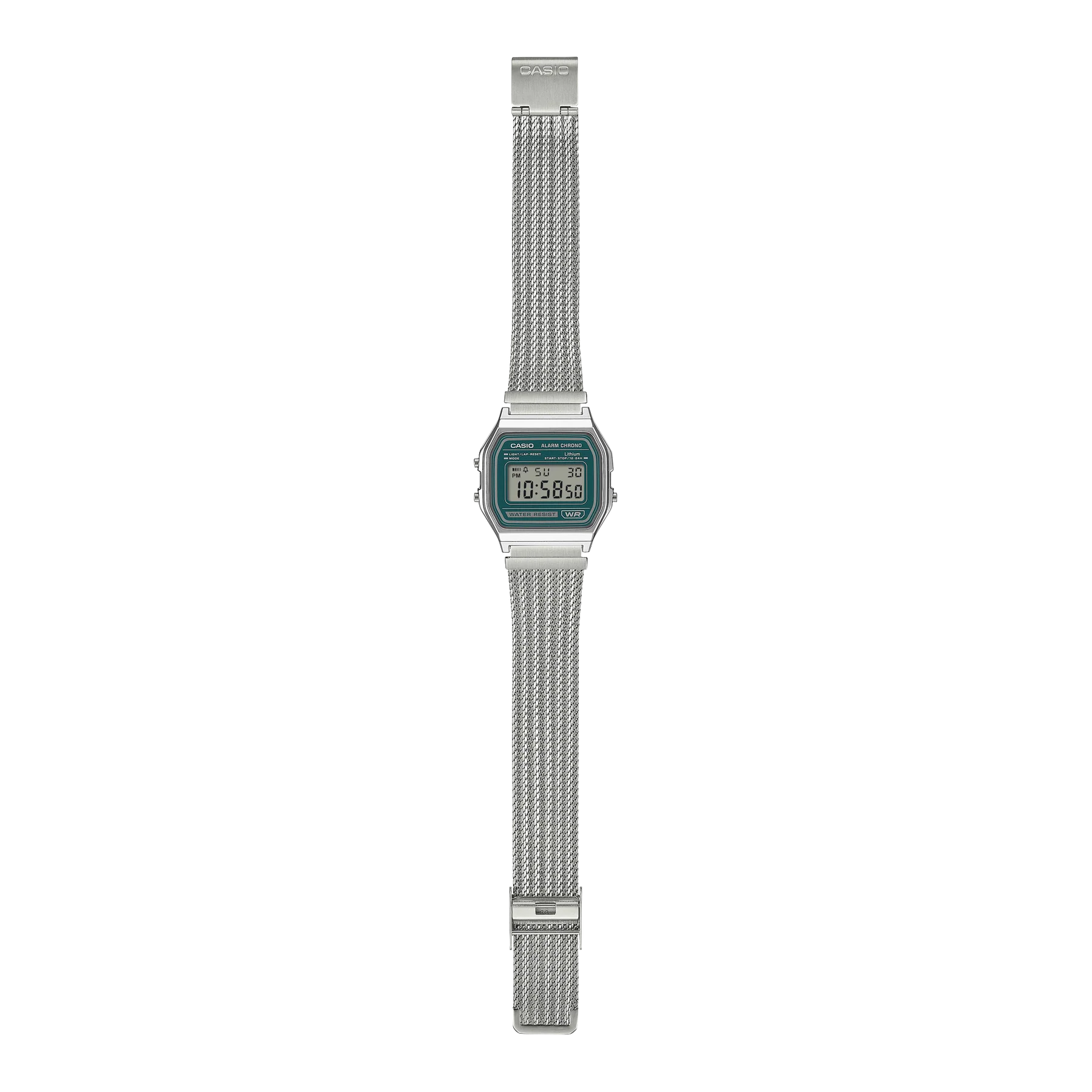 Casio Digital Mesh Band, Green Face, Stainless Steel A158WEM-3D