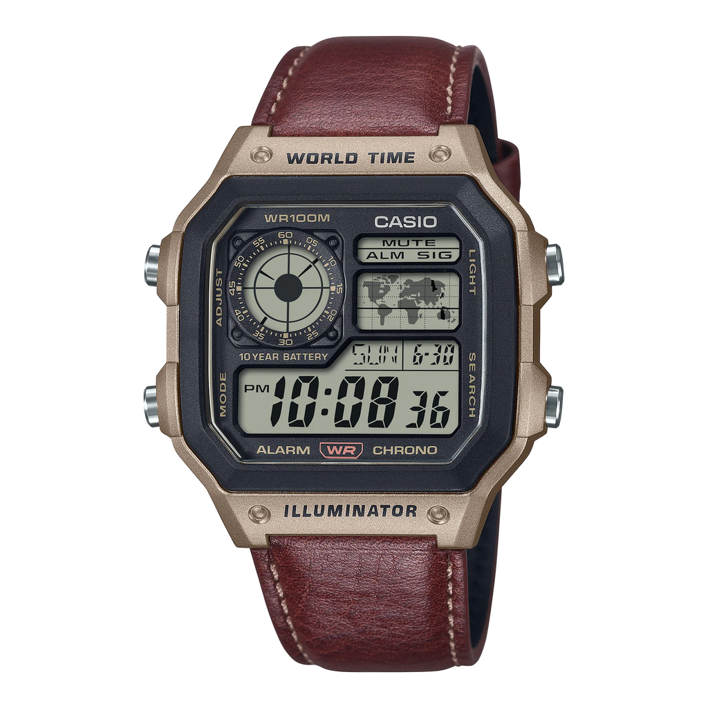 Casio - Digital Gadget Inspired, brown leather band AE1200WHL-5A