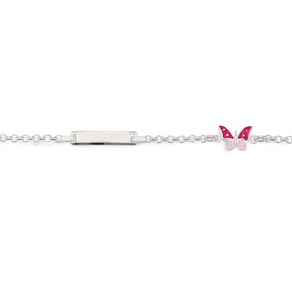 Silver belcher engravable pink butterfly ID bracelet