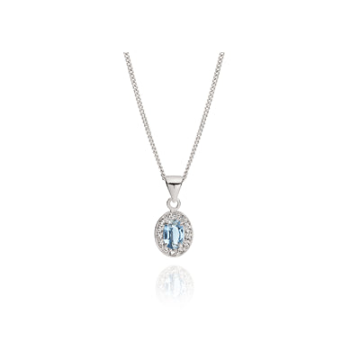 SS oval light blue CZ halo pendant with 45cm chain AG00792