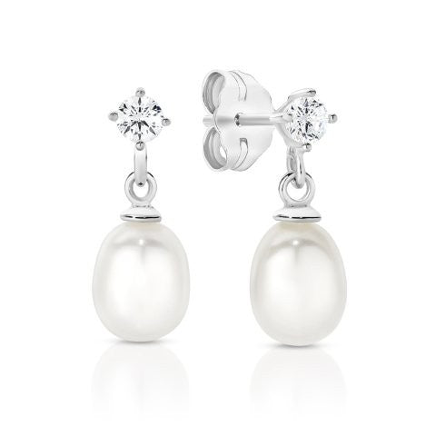 SS freshwater drop pearl stud earrings with claw set CZ at top AG01370