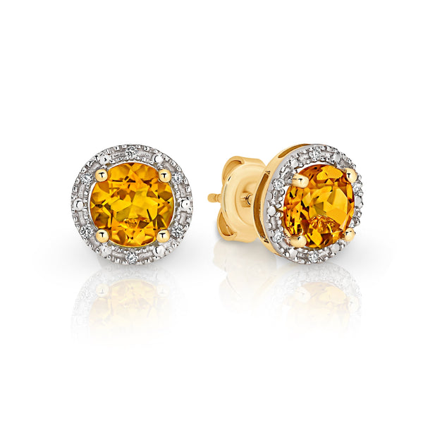 9ct gold citrine & diamond studs