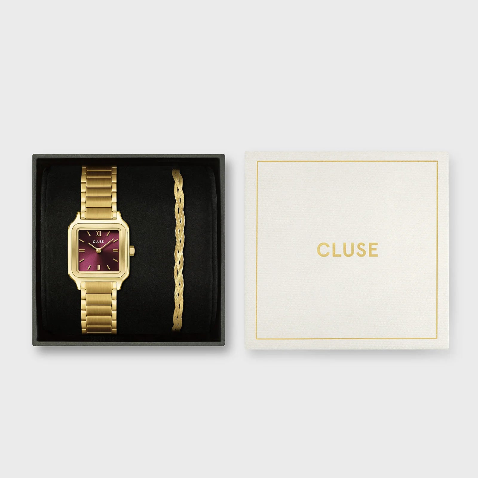 Gift Box Gracieuse Petite Watch Steel, Dark Cherry & Braided Snake Bracelet, Gold Colour