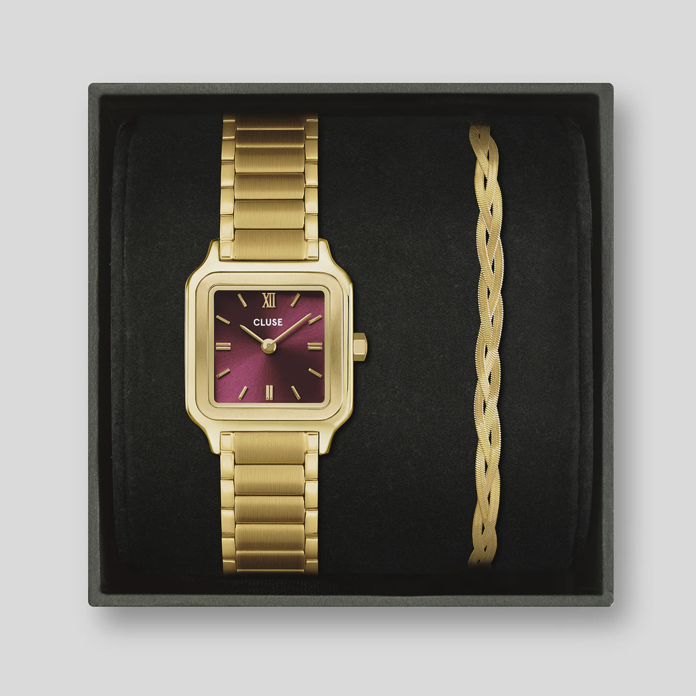 Gift Box Gracieuse Petite Watch Steel, Dark Cherry & Braided Snake Bracelet, Gold Colour