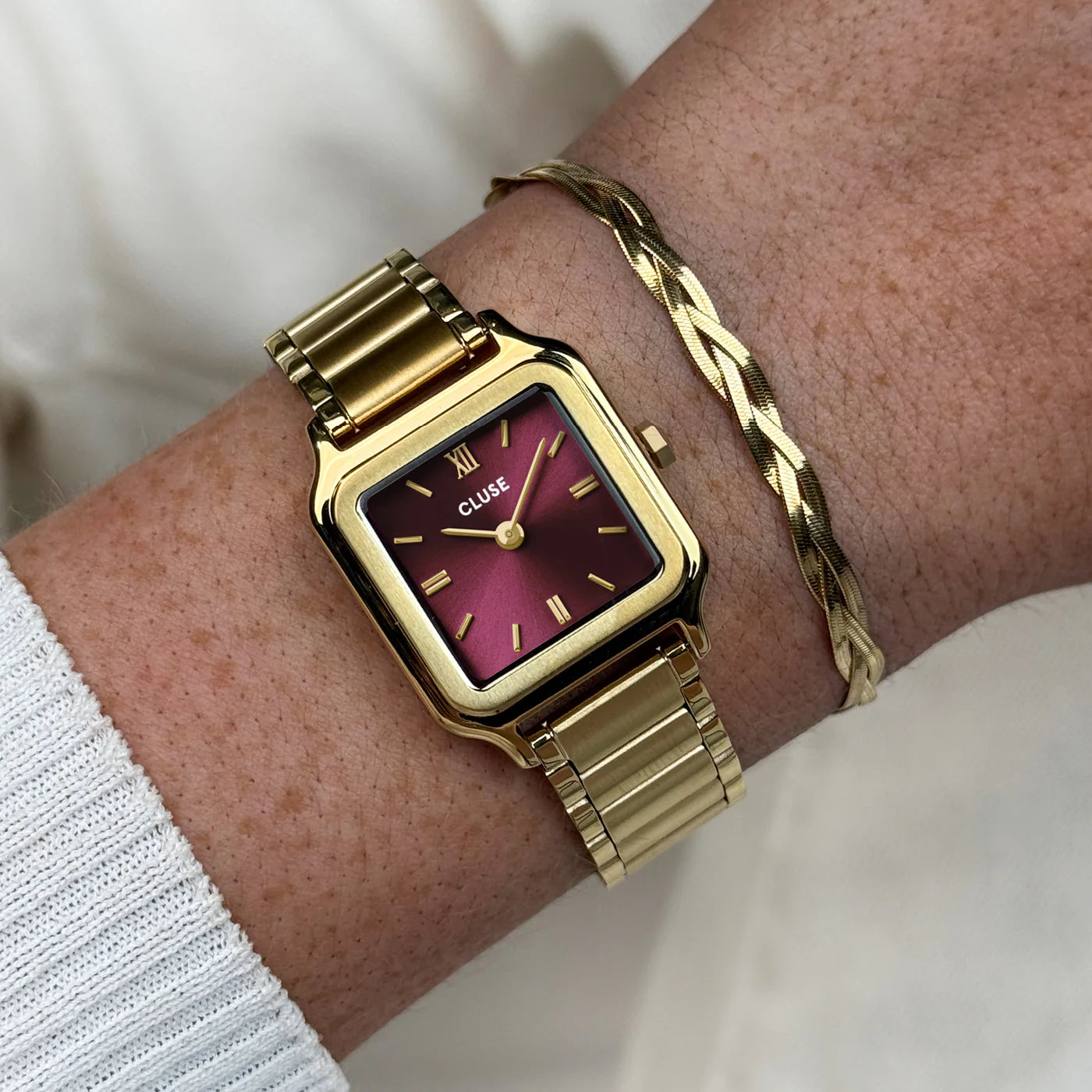 Gift Box Gracieuse Petite Watch Steel, Dark Cherry & Braided Snake Bracelet, Gold Colour