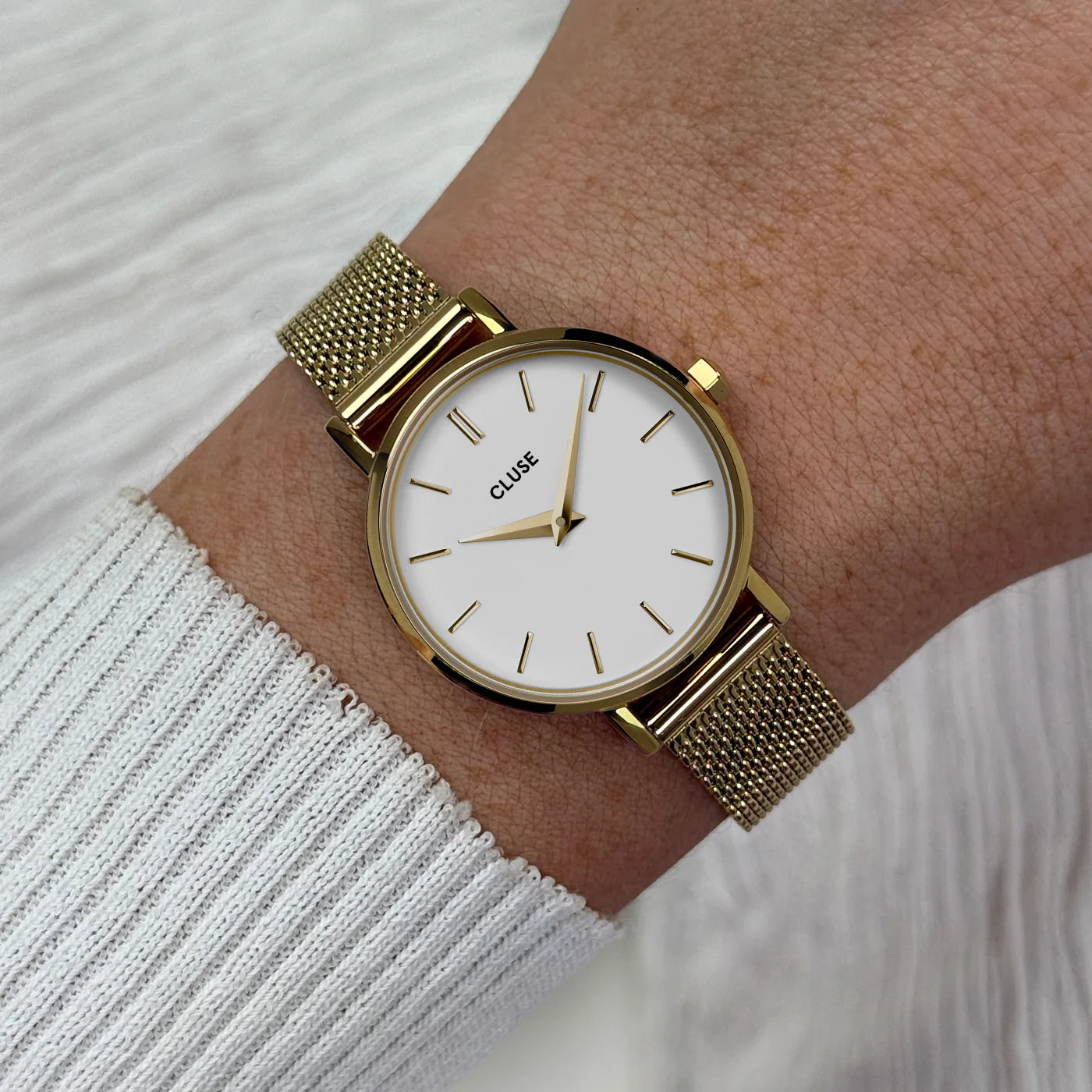 Boho Chic Petite Watch Mesh, White, Gold Colour