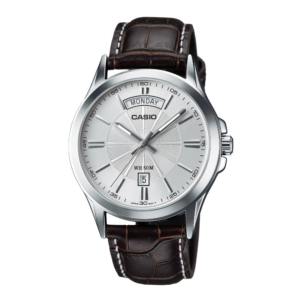 Casio Analogue, Silver Face, Brown Leather Band MTP1381L-7A