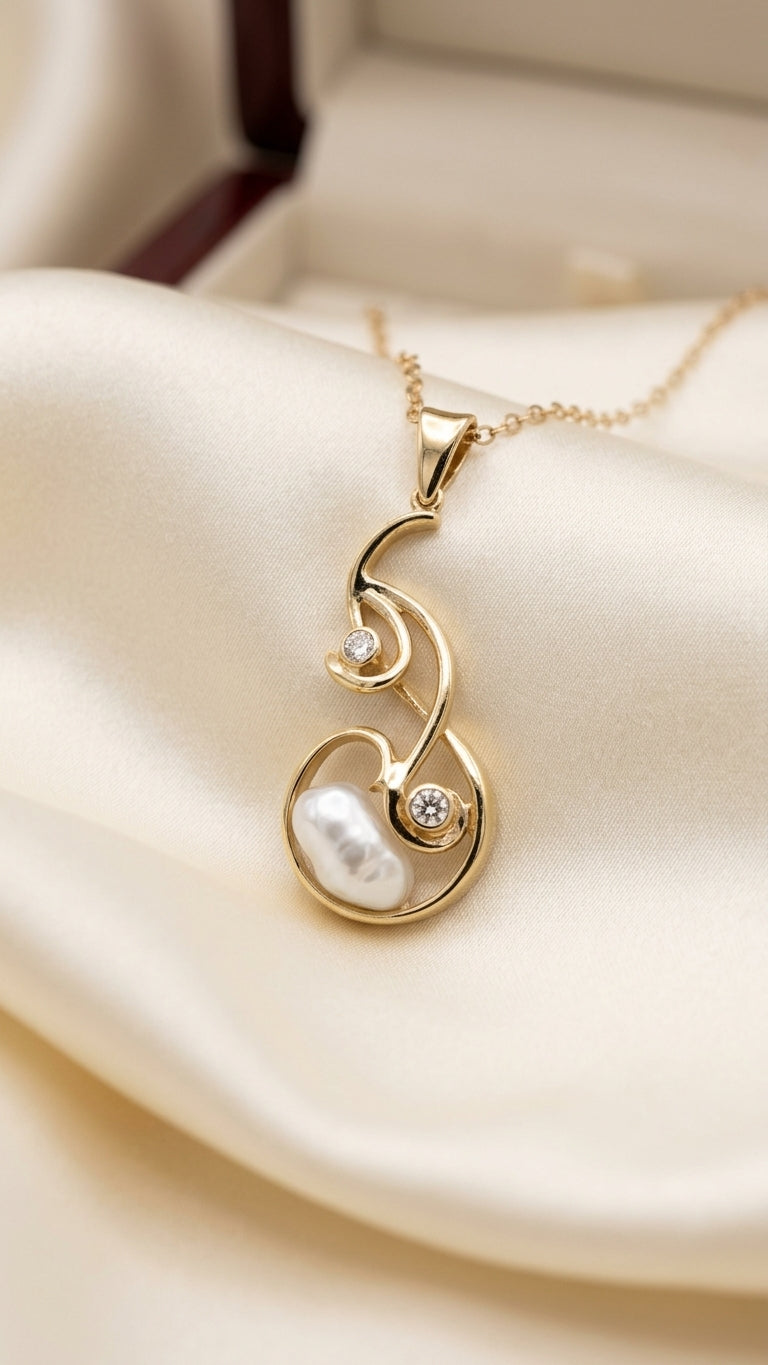 Fluid Grace: 9ct Yellow Gold Keshi Pearl & Diamond Art Pendant 390283