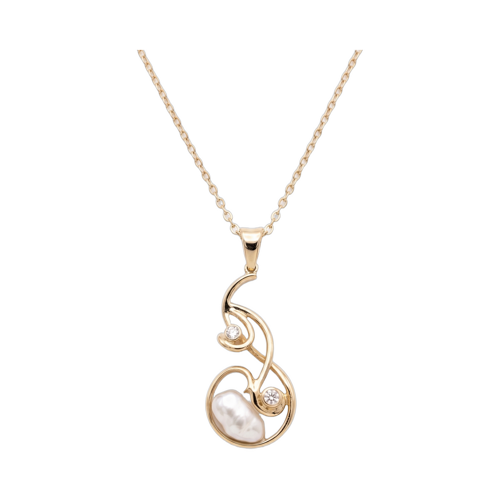 Fluid Grace: 9ct Yellow Gold Keshi Pearl & Diamond Art Pendant 390283