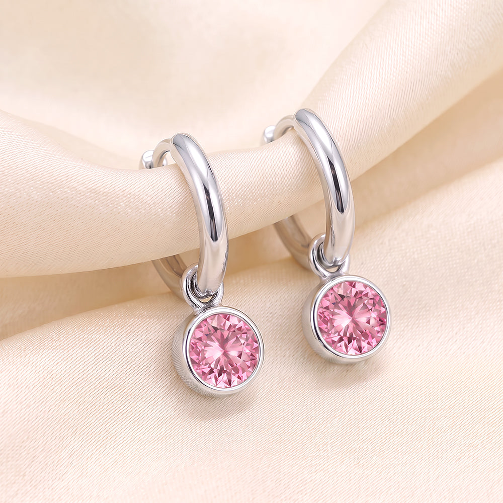 S/S Huggies with Pink Cz Birthstone Drop HUG3550/10