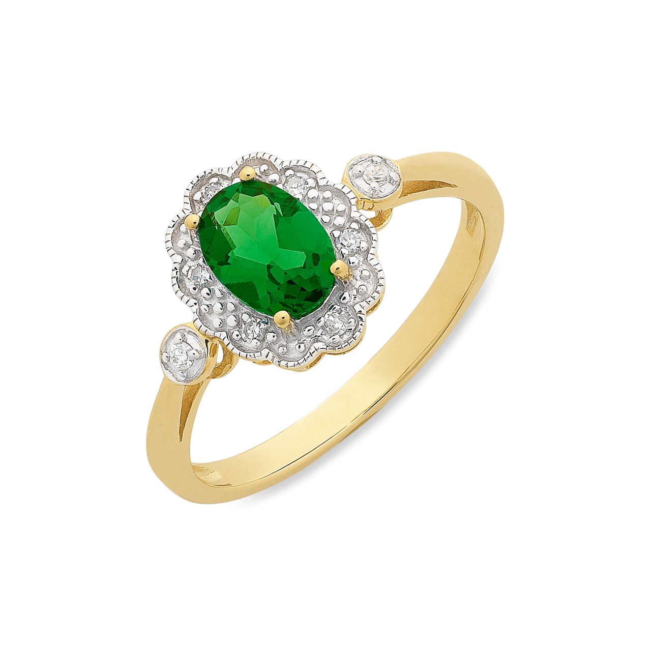 9ct gold created emerald & diamond ring M3097
