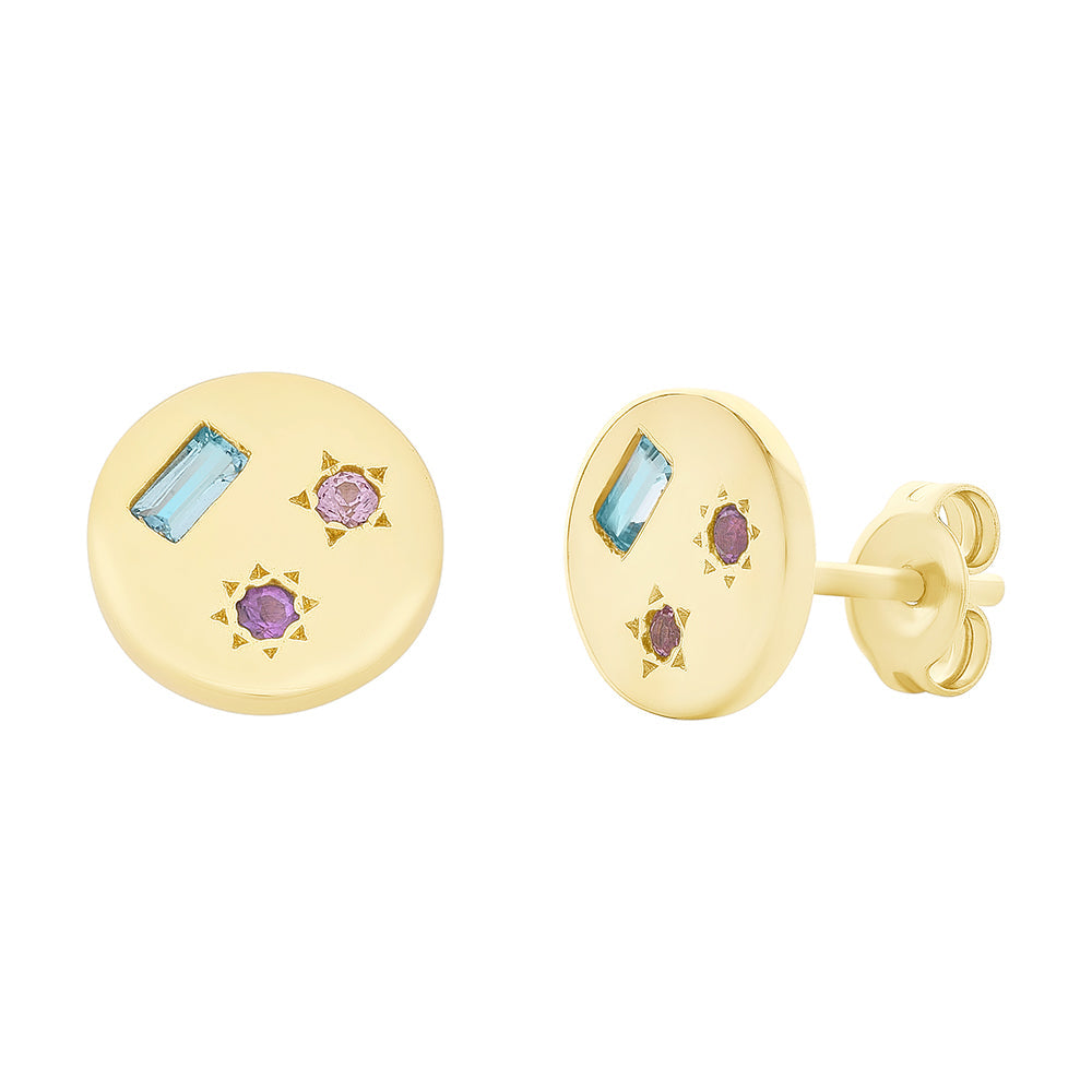 9ct Gold Earrings set with Blue Topaz, Amethyst & Created Pink Sapphire M3144