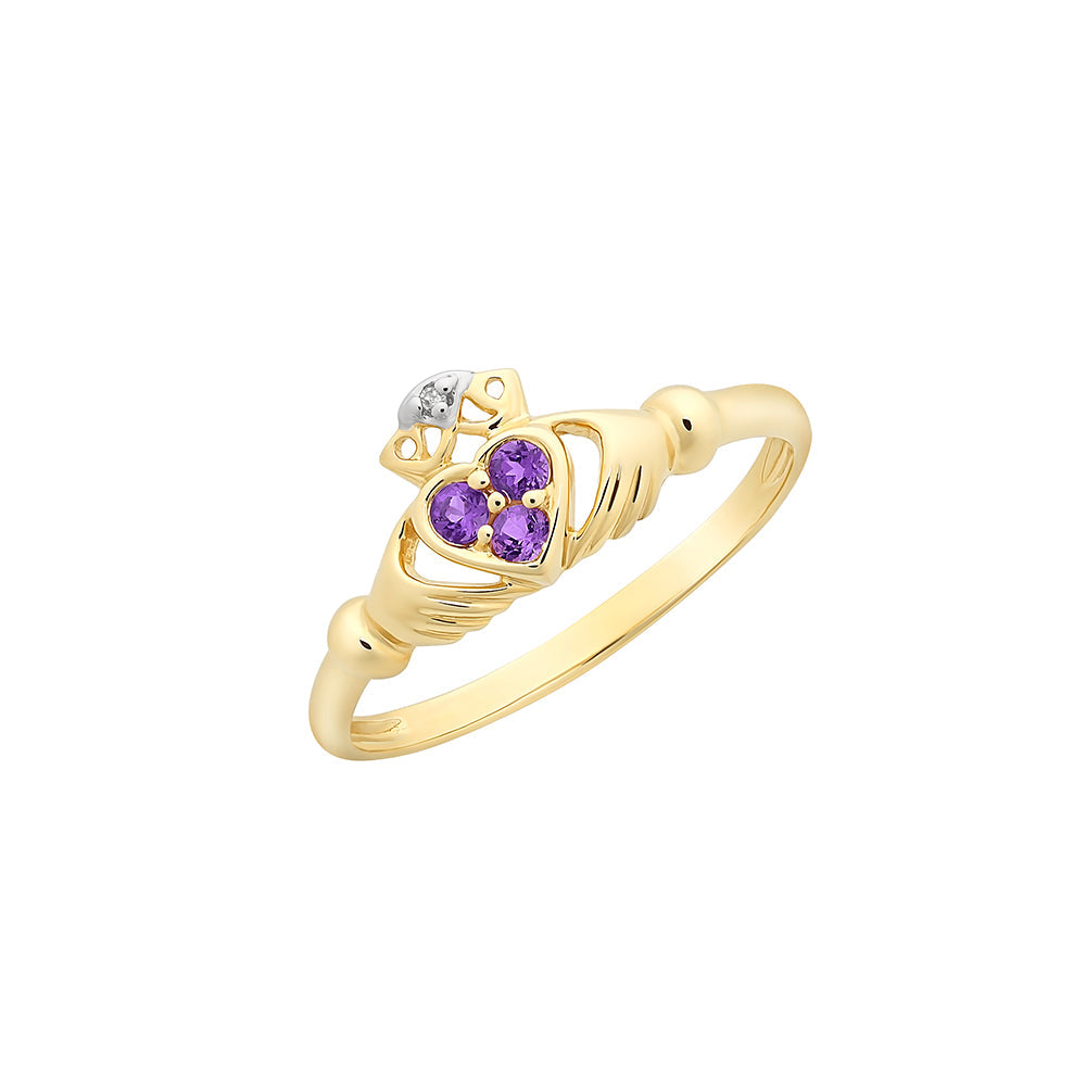 9ct Gold Amethyst & Diamond 'Claddagh' Ring M3188