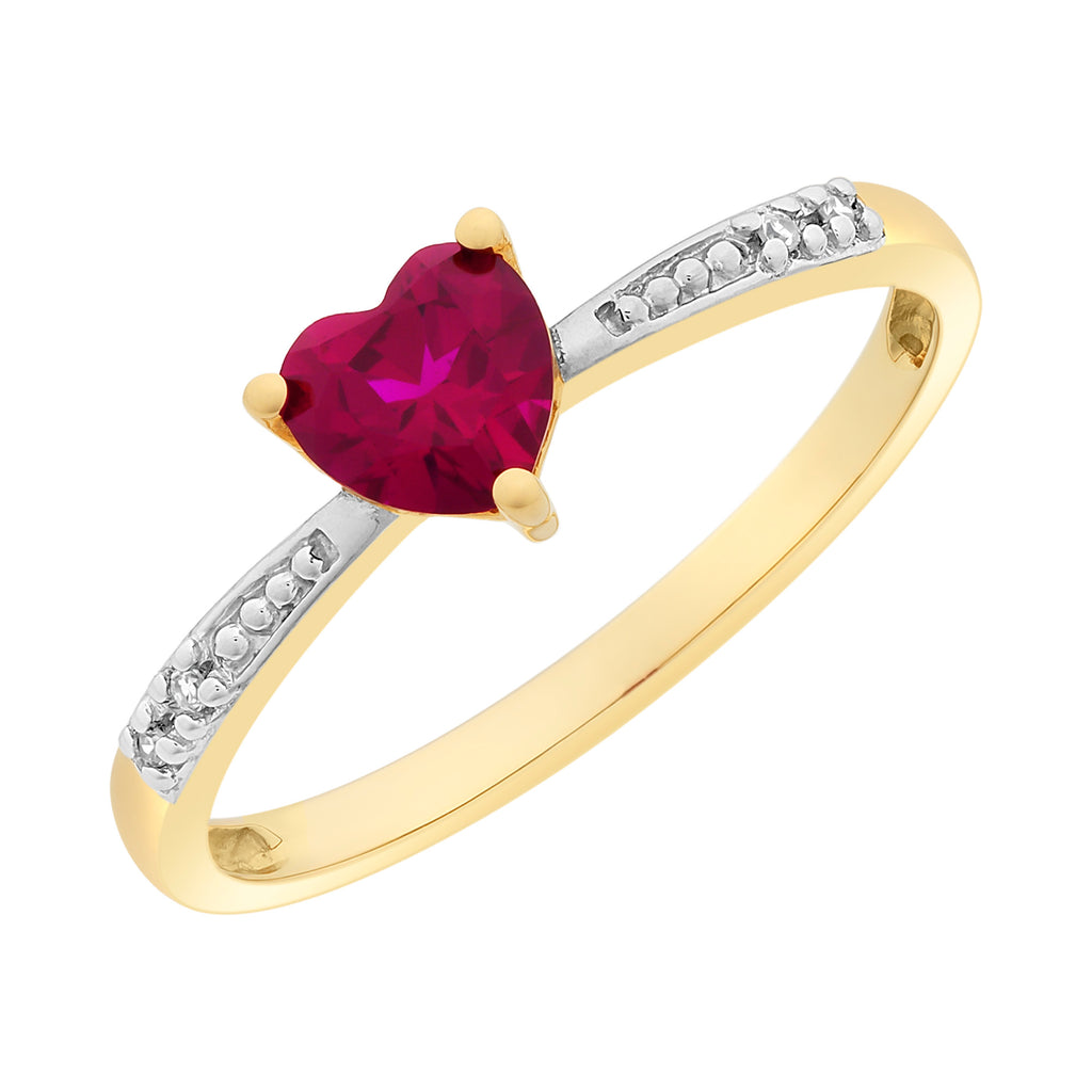 9ct Gold Heart Shaped Created Ruby & Diamond Ring M3331