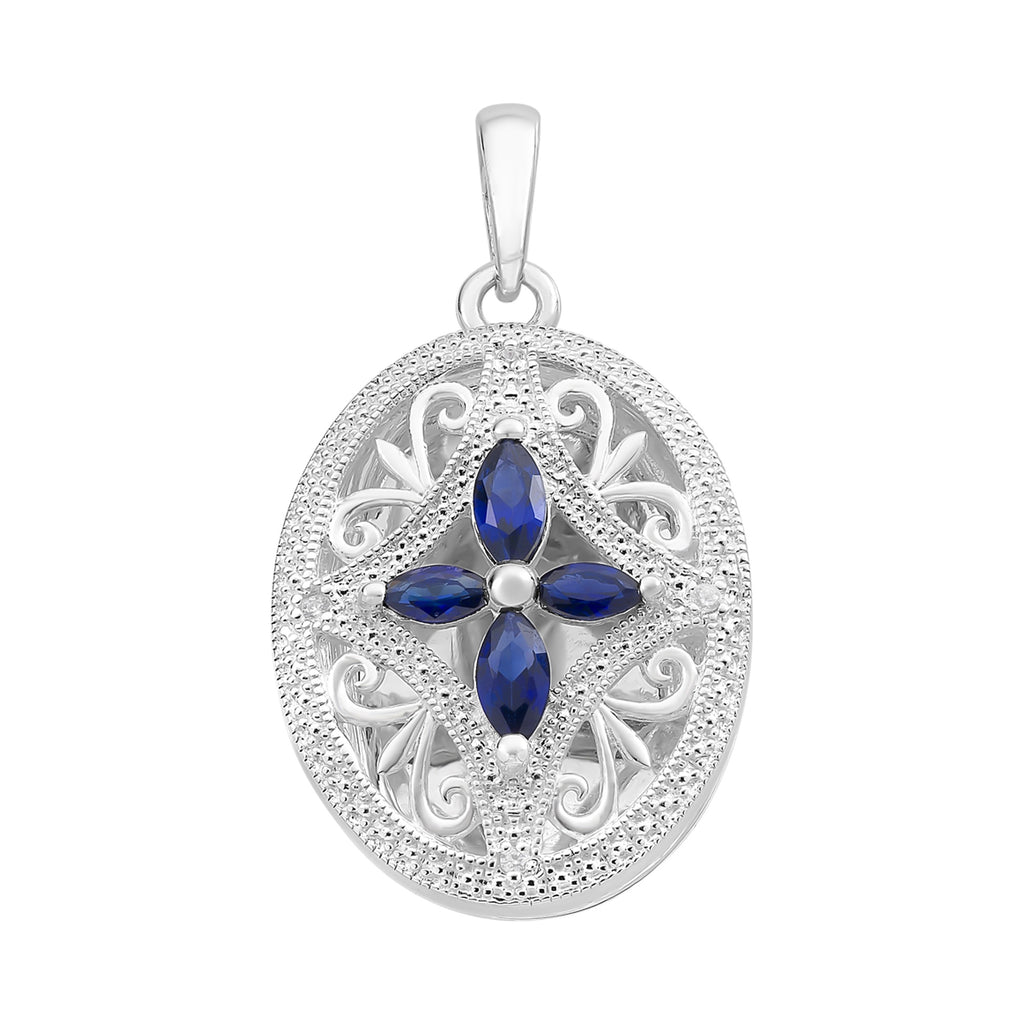 Sterling Silver Created Sapphire & Cubic Zirconia Locket M3399