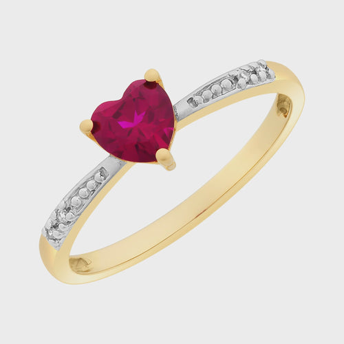 9ct Gold Heart Shaped Created Ruby & Diamond Ring M3331