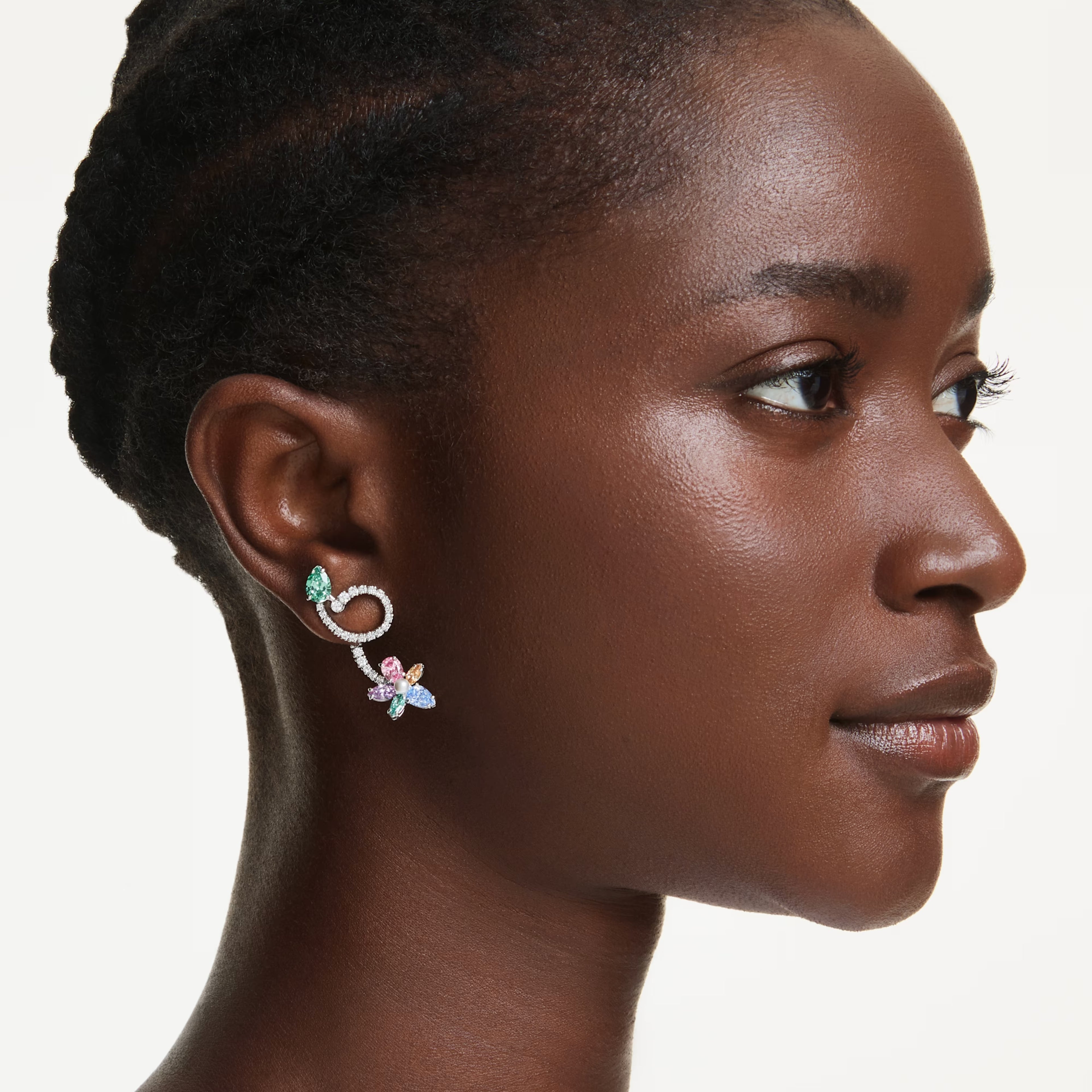 Ariana Grande x Swarovski drop earrings with ear jacket Mixed cuts, Dragonfly, flower, Multicoloured, Rhodium plated 5749190