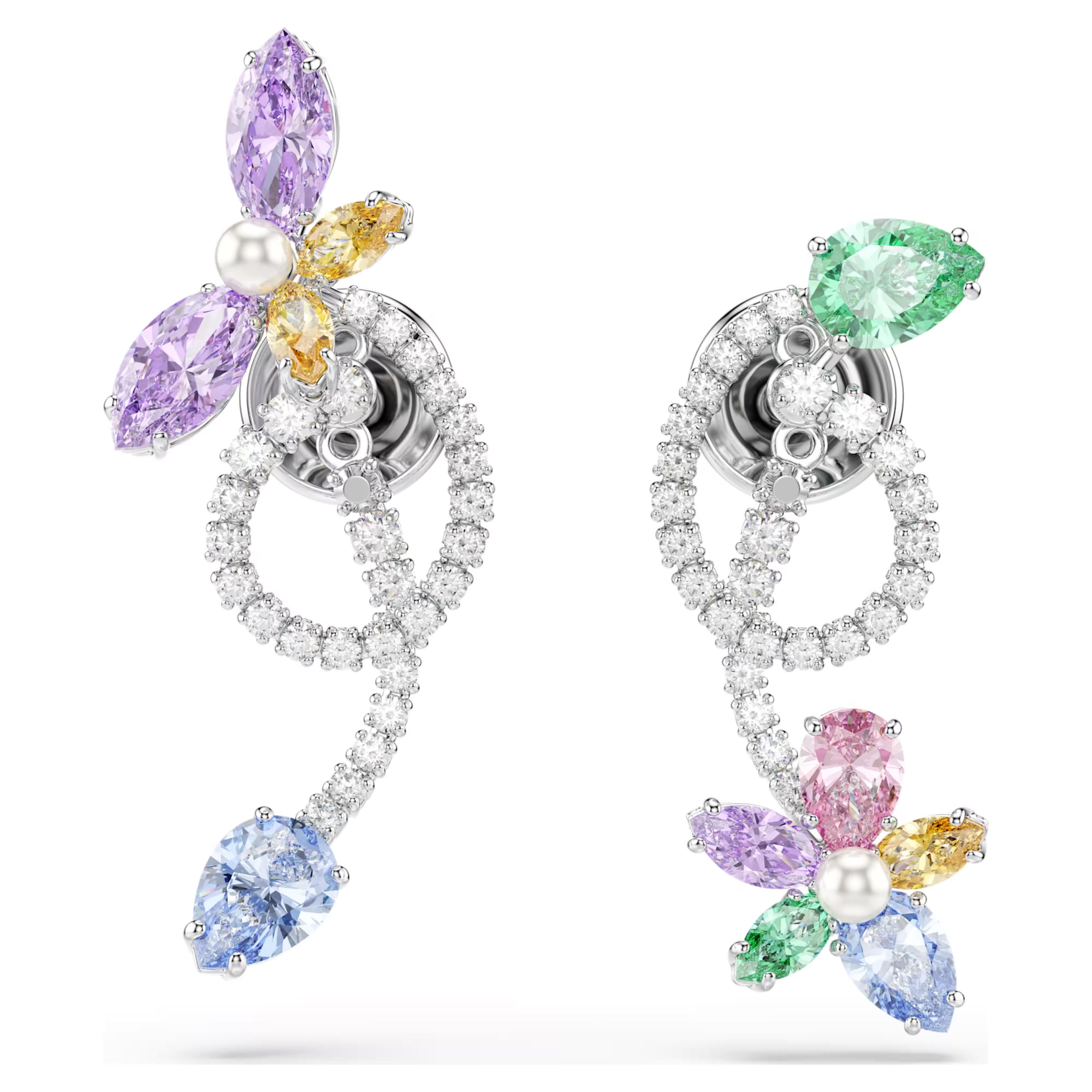 Ariana Grande x Swarovski drop earrings with ear jacket Mixed cuts, Dragonfly, flower, Multicoloured, Rhodium plated 5749190