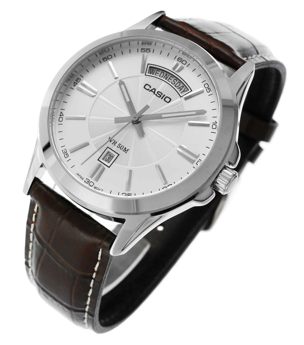 Casio Analogue, Silver Face, Brown Leather Band MTP1381L-7A