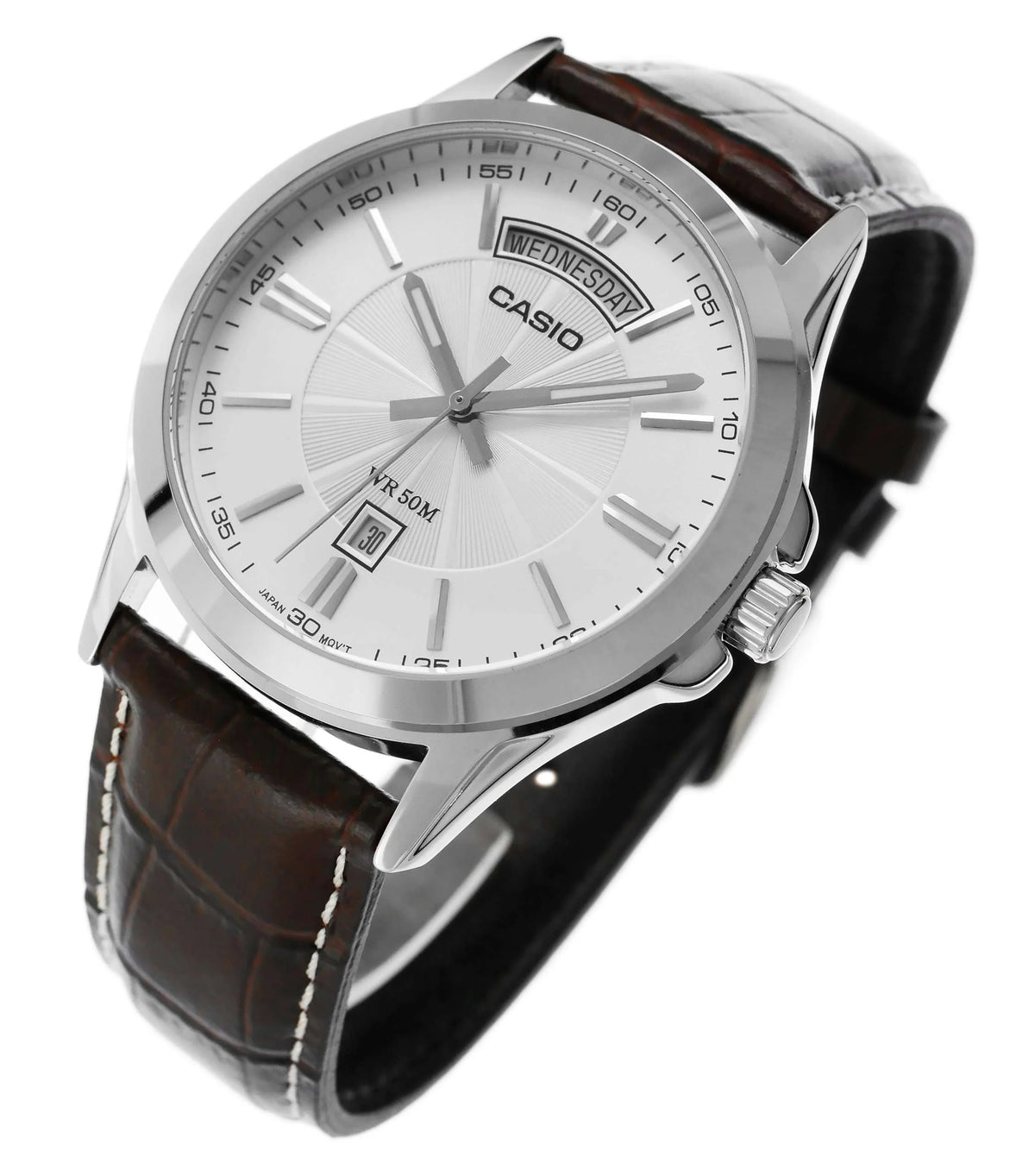 Casio Analogue, Silver Face, Brown Leather Band MTP1381L-7A