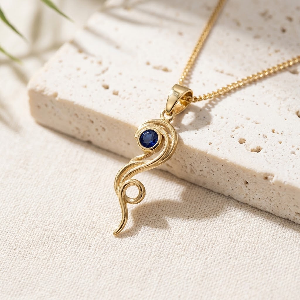 Oceanic Elegance: Textured Gold & Sapphire Swirl Pendant 9ct Yellow Gold Pendant 180039