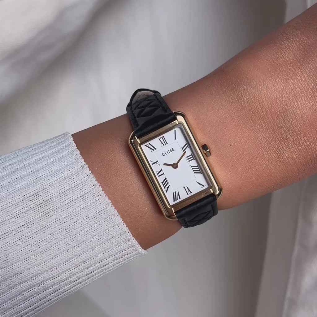 Belisenna Watch Leather, Black Quilted, Gold Colour