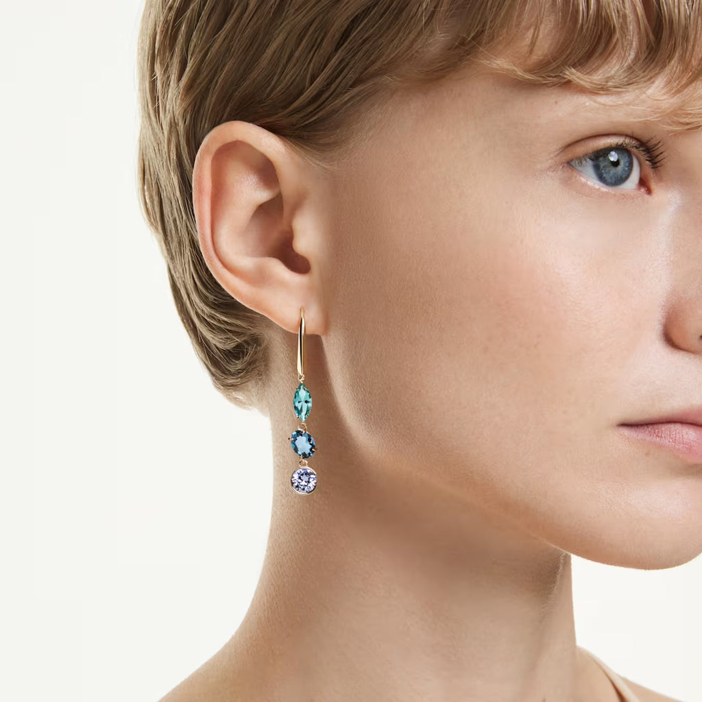 Gema drop earrings Asymmetrical design, Mixed cuts, Multicoloured, Gold-tone plated 5747917